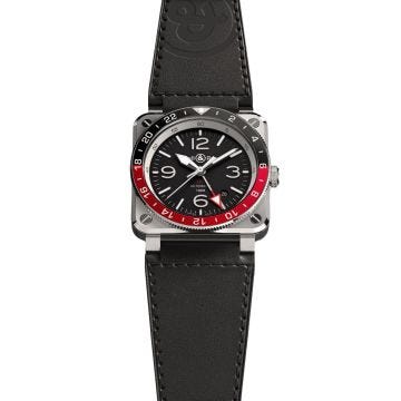 Bell & Ross BR 03 GMT 42mm, Black Dial, Automatic Movement, Steel Case, Black Calfskin Leather Strap Watch. Image one
