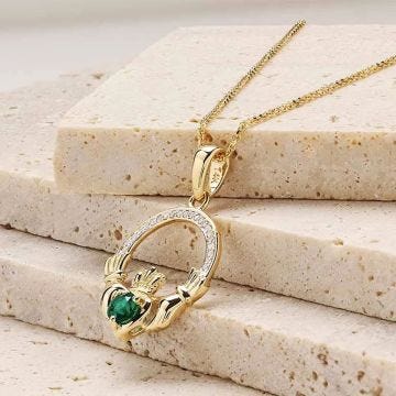 14k Gold Lab Grown Diamond Lab Emerald Claddagh Necklace