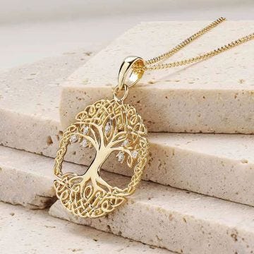 14k Gold Lab Grown Diamond Celtic Tree of Life Round Necklace