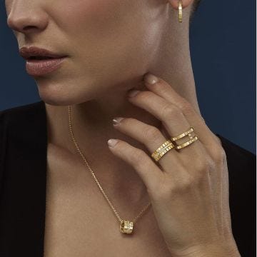 Close up photo of the Chopard Ice Cube 18k Yellow Gold Diamond Pendant Necklace | 79705-0003