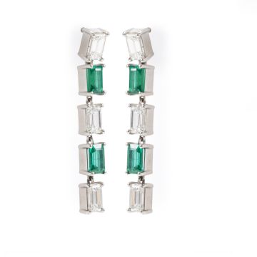 Platinum Emerald Cut Diamond & Emerald Drop Earrings