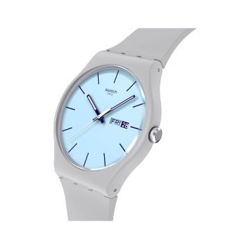 Photo of the Swatch Essentials BLUEBERRY SKY 41mm Blue Dial Quartz Watch with Grey Case and Grey Strap SO29M702