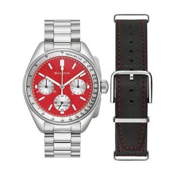 Photo of the Bulova Lunar Pilot 96K115 chronograph watch with a bold red dial, stainless steel case, and quartz movement.