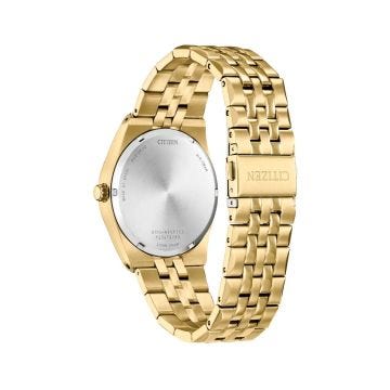 Photo of the Citizen Corso 40mm watch BM7333-85E with a sleek black dial, gold tone stainless steel case and bracelet, powered by Eco-Drive technology for effortless style and sustainability.