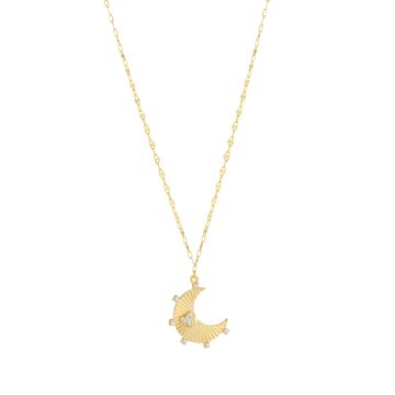 9k Yellow Gold Moon With Cubic Zirconia Set Heart Pendant Necklace