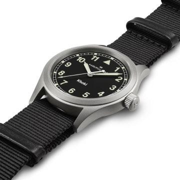 Photo of the Hamilton Khaki Field 38mm, Black Dial, Quartz Movement, Stainless Steel Case, Grey NATO Strap Watch H69401430