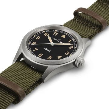 Photo of the Hamilton Khaki Field 38mm, Black Dial, Quartz Movement, Stainless Steel Case, Green NATO Strap Watch H69401930