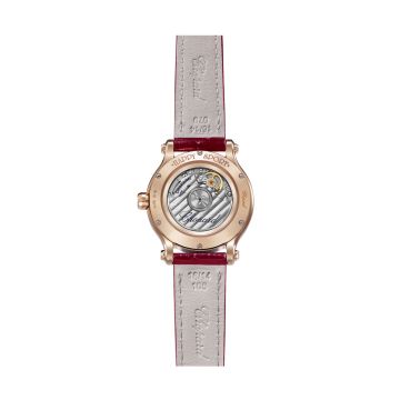 Photo of the Chopard Happy Sport 33mm Silver Dial Automatic Movement Rose Gold Case Red Leather Strap Diamond & Ruby Watch 275378-5011, featuring diamonds and rubies for a refined, glamorous look.