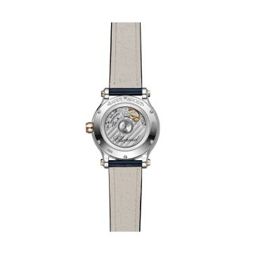 Photo of the Chopard Happy Sport 33mm Silver Dial Automatic Movement Rose Gold PVD Case Blue Leather Strap Diamond Watch 278608-6001