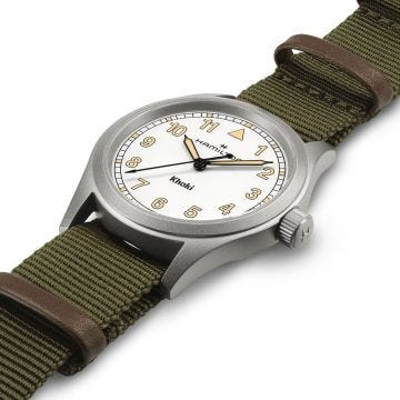 Photo of the Hamilton Khaki Field 38mm, White Dial, Quartz Movement, Stainless Steel Case, Green NATO Strap Watch H69401910