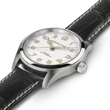 Photo of the Hamilton Khaki Field Murph 38mm, White Dial, Automatic Movement, Stainless Steel Case, Black Leather Strap Watch H70405710