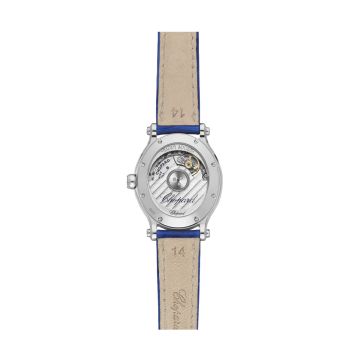 Photo of the Chopard Happy Sport 29x31mm Silver Dial Automatic Stainless Steel Blue Leather Strap Diamond Watch 278602-3001, a sophisticated and elegant watch with diamonds and a vibrant blue leather strap.