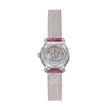Photo of the Chopard Happy Sport 33mm Silver Dial Automatic Stainless Steel Pink Leather Strap Diamond & Tourmaline Watch 278608-3008