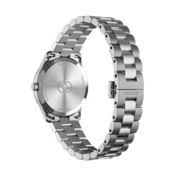 Gucci G-Timeless 29mm Pink MOP Dial Diamond Dots Quartz Stainless Steel Bracelet Watch (YA1265062) featuring a luxurious pink mother-of-pearl dial with diamond dot markers and a stainless steel bracelet