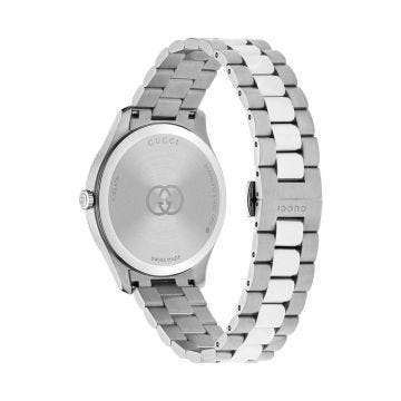 Gucci G-Timeless 38mm Silver Dial Quartz Stainless Steel Bracelet Watch (YA1264232) with signature Gucci detailing