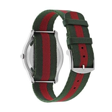 Gucci G-Timeless 38mm Silver Dial Quartz Stainless Steel Case Nylon Strap Watch (YA1264236) with a sleek silver dial and stylish nylon strap