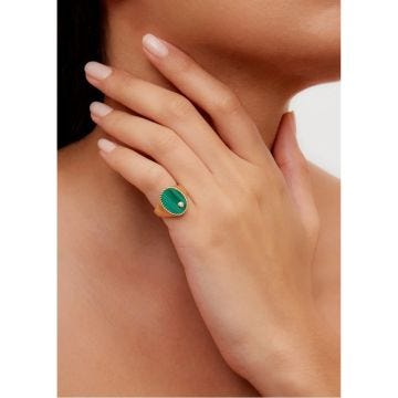  Yvonne Léon 9K Yellow Gold sz 52 Diamond  Chevalière Malachite or Jaune Ring 