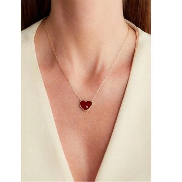 Yvonne Léon 9K Yellow Gold Collier Solitaire Pm Coeur Agate Rouge or Jaune