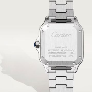 Photo of the Cartier Santos de Cartier 35.1mm Silver Dial Automatic Watch W2SA0016, featuring a classic silvered opaline dial with Roman numerals, exposed screws, and a luxurious stainless steel and yellow gold bracelet