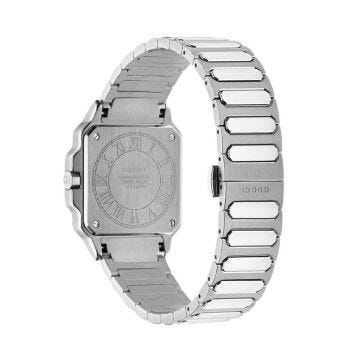 Gucci G-Flat 30mm Black Dial Quartz Stainless Steel Bracelet Watch (YA166505) with a sleek black dial and stainless steel bracelet