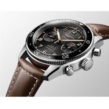 Spirit Flyback 42mm, Black Dial, Automatic Movement, Stainless Steel Case, Brown Leather Strap Chronograph Watch