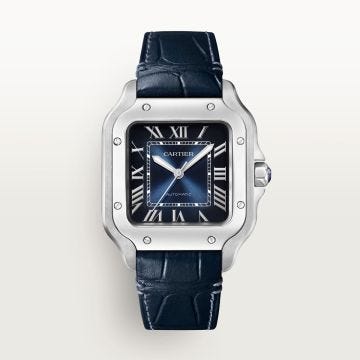 Santos de Cartier 35.1mm Navy Dial Automatic Watch WSSA0063, featuring a deep blue sunray dial, Roman numerals, and a polished stainless steel case and bracelet