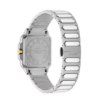 Gucci G-Flat 30mm Silver Dial 18k Gold Plated Bezel Quartz Stainless Steel Bracelet Watch (YA166506) with a silver dial, gold-plated bezel, and stainless steel bracelet