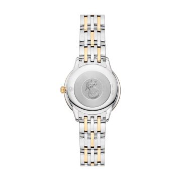 Photo of the Omega De Ville Prestige 30mm watch (434.20.30.60.02.002) with a silver dial, quartz movement, and stainless steel case with yellow gold PVD coating