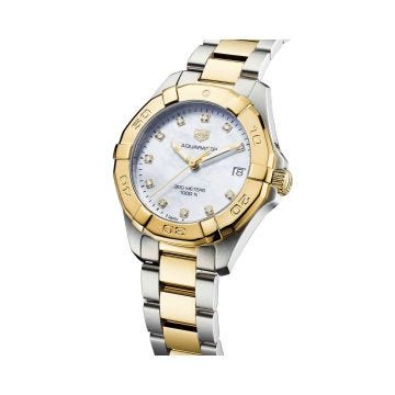 Aquaracer Date 32mm White MOP Diamond Set Dial Quartz Two-Tone 18k Yellow Gold Plated Stainless Steel Bracelet