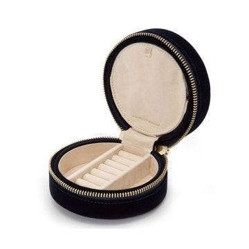 Photo of the WOLF 1834 Zoe Round Zip Case Jewellery Box in indigo, featuring a sleek round design with a secure zip closure 393216