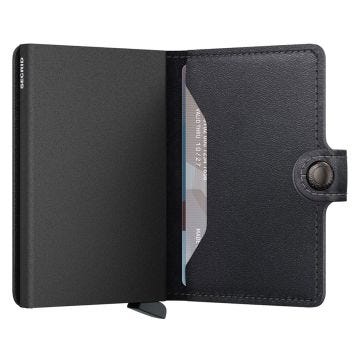 Photo of the Secrid Miniwallet Powdercoat Black (Mpc-Black). Close-up image of the sleek black wallet