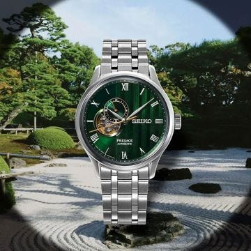 Photo of the Seiko Presage Japanese Zen Gardens 41.8mm Green Dial Automatic Stainless Steel Watch (SSA463J1), showcasing its intricate textured dial and refined design.