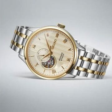 Photo of the Seiko Presage Japanese Zen Gardens 41.8mm Cream Dial Automatic Stainless Steel Watch (SSA464J1), showcasing its delicately textured dial and sleek case design.
