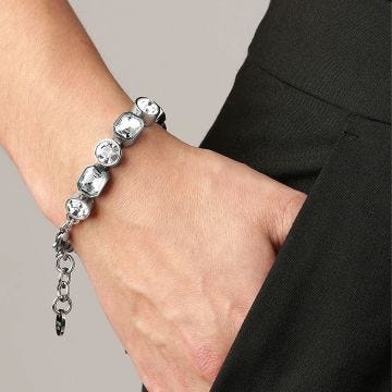 Photo of the The DYRBERG/KERN Alaya Bracelet (460032) featuring a sleek silver-tone finish adorned with sparkling white crystals