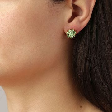 Photo of the DYRBERG/KERN Carnea Gold Tone Stud Earrings adorned with shimmering green crystals 460074