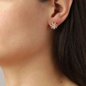 Photo of the DYRBERG/KERN Carnea Gold Tone Stud Earrings adorned with peach and rose crystals