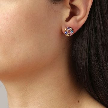 Photo of the DYRBERG/KERN Carnea Gold Tone Stud Earrings adorned with multi-coloured crystals 460073