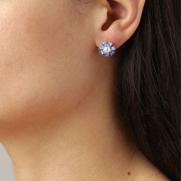 Photo of the DYRBERG/KERN Carnea Silver Tone Stud Earrings adorned with blue crystals and faux pearls 460075