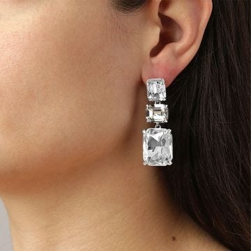 Photo of the DYRBERG/KERN Esmara Silver Tone Drop Earrings adorned with sparkling white crystals 460016