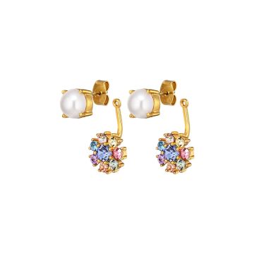 Photo of the DYRBERG/KERN Floss Gold Tone Stud Earrings with pendant design, adorned with multi-coloured crystals and faux pearls 460085