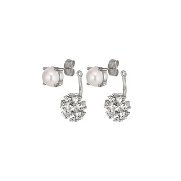 Photo of the DYRBERG/KERN Floss Silver Tone Stud Earrings with pendant design, adorned with white crystals and faux pearls 460086