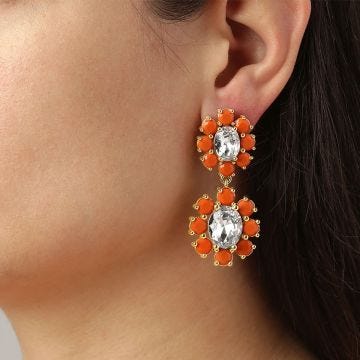 Photo of the DYRBERG/KERN Lina Gold Tone Drop Earrings with coral and white crystals 460506
