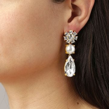 Photo of the DYRBERG/KERN Misia Gold Tone Drop Earrings with white crystals and faux pearls 460515