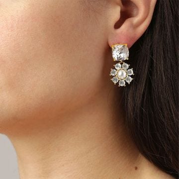 Photo of the Poppy Gold Tone Crystal Drop Earrings White/Faux Pearl 460502