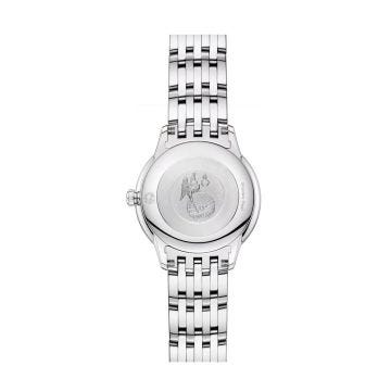Photo of the Omega De Ville Prestige 27.5mm watch (434.10.28.60.03.001) with a PVD lavender dial, quartz movement, and stainless steel case