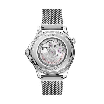 Photo of the Omega Seamaster Diver 300M 42mm watch (210.30.42.20.06.002) with a grey ceramic dial, automatic movement, and a stainless steel mesh bracelet