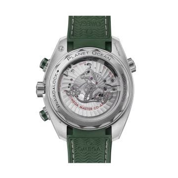 Photo of the Omega Seamaster Planet Ocean 600M 45.5mm watch (215.32.46.51.06.001) with a silver dial, automatic movement, and a green rubber strap