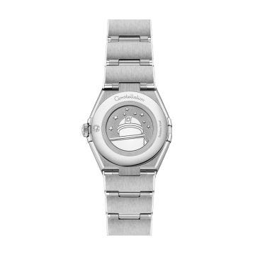 Photo of the Omega Constellation 28mm watch (131.10.28.60.03.001) with a blue dial, quartz movement, and stainless steel case