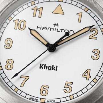 Photo of the Hamilton Khaki Field 38mm White Dial Quartz Watch H69401110, featuring a crisp white dial, bold Arabic numerals, and a durable stainless steel bracelet