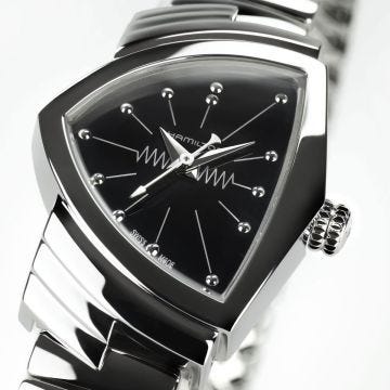 Photo of the Hamilton Venture S 24x36mm Black Dial Quartz Watch H24211130, featuring a sleek stainless steel case with a retro-futuristic shape, minimalist black dial, and a polished bracelet